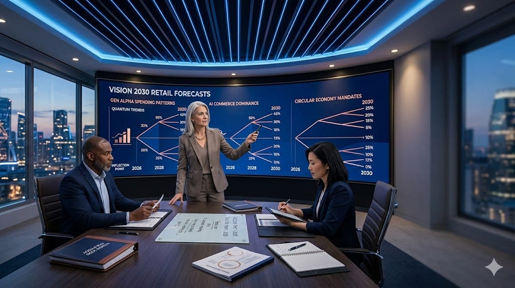 retail executives anticipating market shifts through scenario planning and trend forecasting in a modern strategy room.