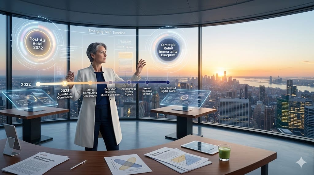 retail futurist mapping emerging technologies roadmap for strategic foresight, projecting AI agents, AR try-ons, and blockchain provenance in innovation observatory.