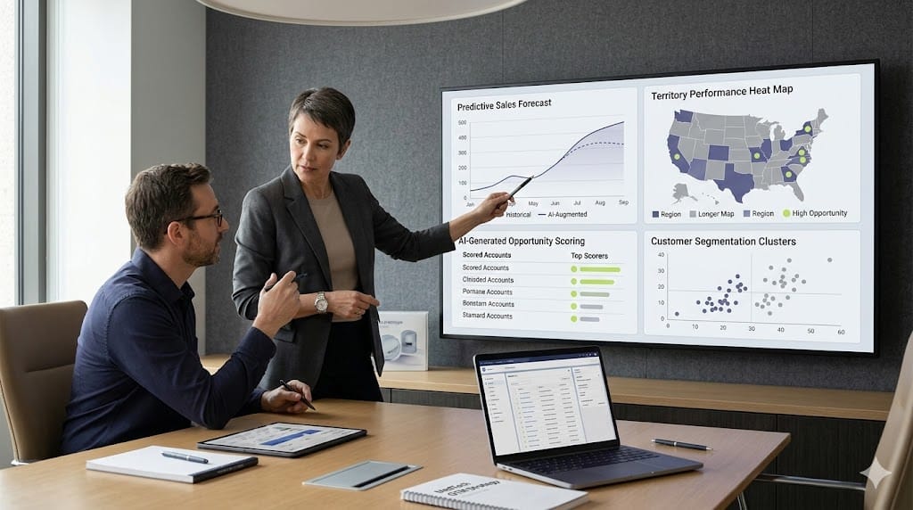 MedTech sales leadership team reviewing AI-driven performance analytics and predictive insights in a modern executive strategy environment