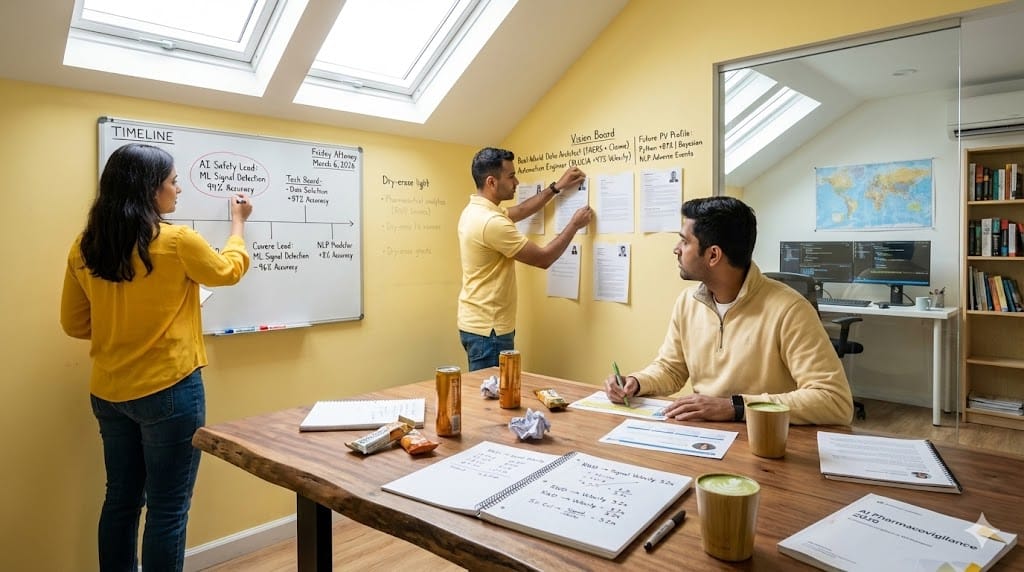Pharmacovigilance innovators mapping AI-powered safety surveillance profiles in sunlit analytics hub—hand-annotated org charts detail real-world data scientists, automation engineers, and ML specialists amid energy bars and whiteboards during realistic future-talent planning.