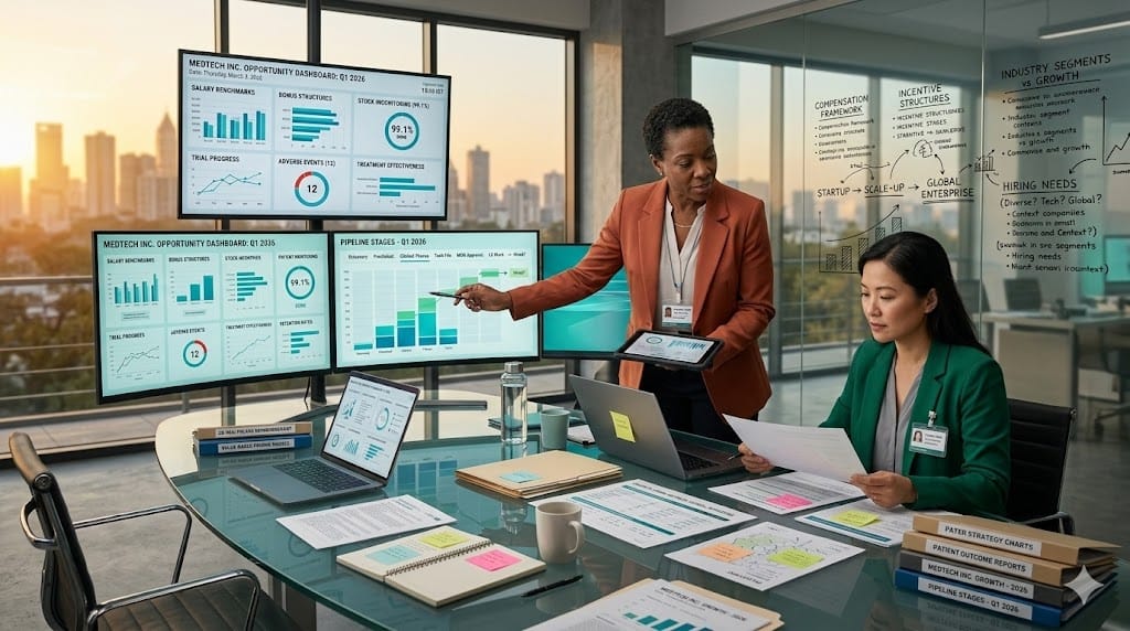 Pharmaceutical executive reviewing market access analytics and healthcare policy data on multiple screens in a modern strategy workspace