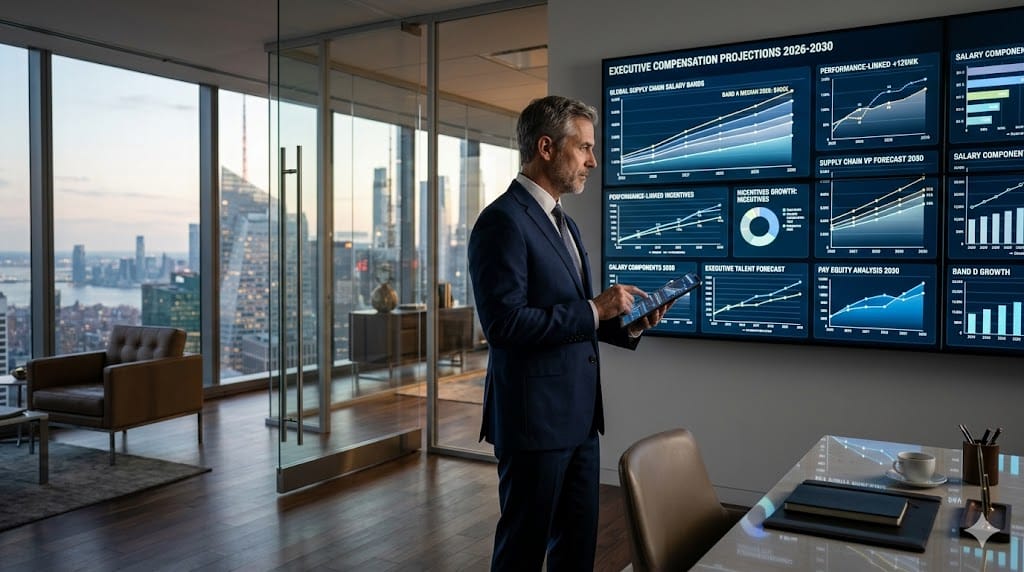 Supply chain executive analyzing futuristic compensation projections and trends in a premium office