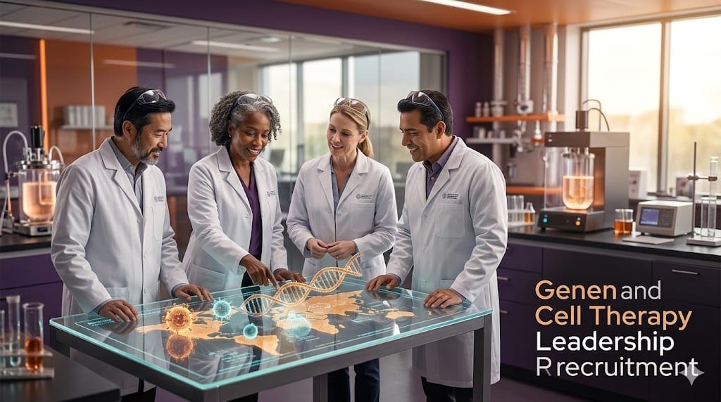 Realistic image of a diverse team of scientists and executives collaborating in a modern biotech lab, symbolizing the recruitment of specialized talent for gene and cell therapy innovation.