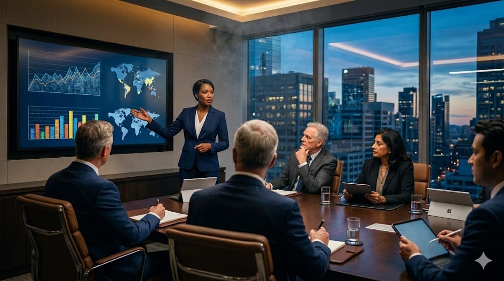 Executive panel evaluating a general counsel candidate’s business acumen during a strategic corporate interview discussion
