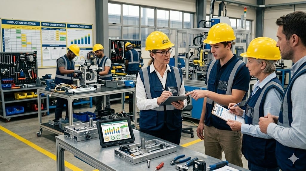General manager discussing production operations with engineers on discrete manufacturing shop floor