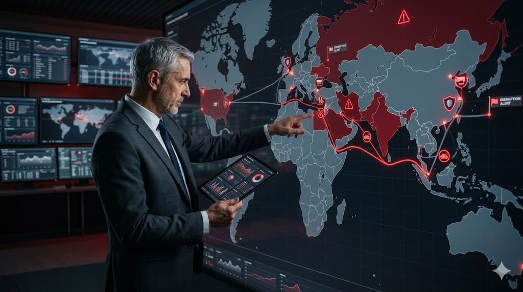 Risk management for geopolitical supply disruptions with global map monitoring, logistics alerts, and crisis response analytics