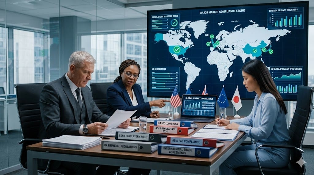 Business executives reviewing global regulatory compliance documents with US focus and international market charts on screen