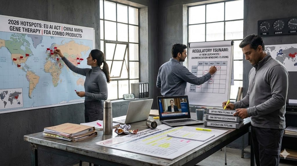Global regulatory affairs team mapping evolving compliance landscape in sunlit war room—world map pinned with jurisdiction flags, regulatory timelines on flip charts, and territory binders amid coffee thermoses during realistic international strategy session.
