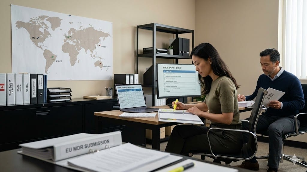 Regulatory affairs specialists reviewing international compliance documents and regional approval requirements across multiple global markets in a professional office environment.