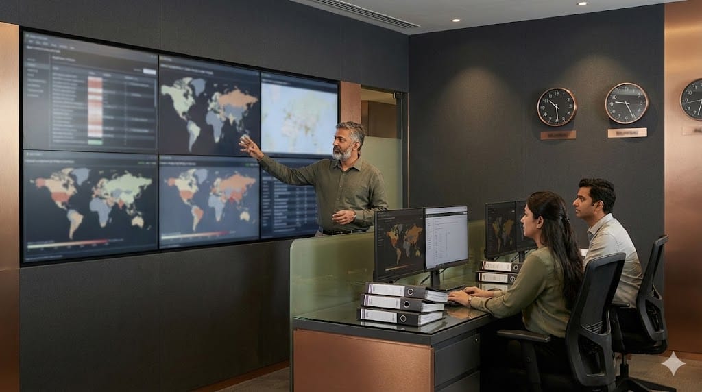 Regulatory strategy executive analyzing international compliance data across multiple regions in a global operations command center.