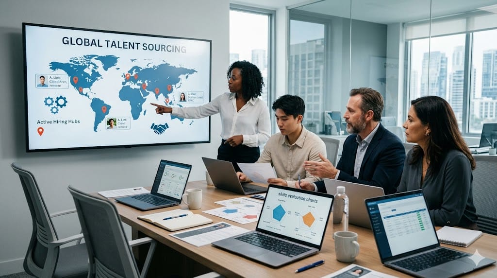 recruitment team reviewing global candidates on digital world map screen representing skills based hiring and international talent sourcing