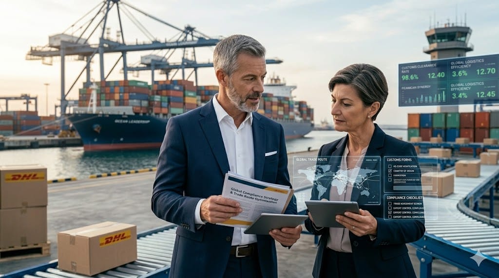 Recruiting supply chain leader with global trade compliance experience at international shipping port with containers, cargo ships, and logistics documents