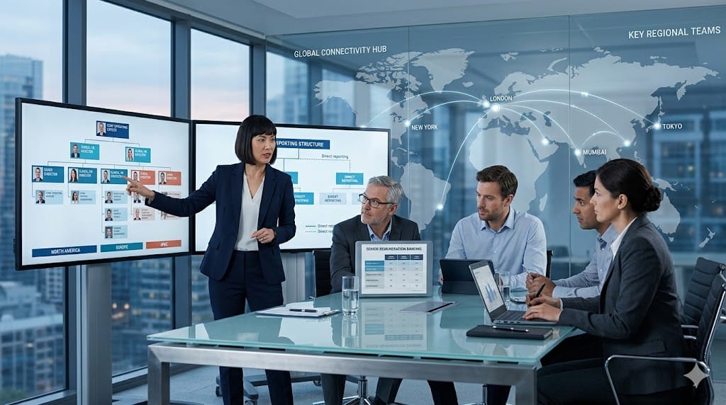 Global business leaders reviewing organizational structure, compensation frameworks, and reporting lines across international teams.