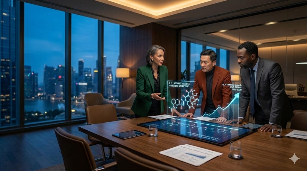 A realistic image of pharmaceutical executives discussing GLP-1 drug development strategies in a modern, high-tech boardroom, symbolizing the shift in hiring priorities due to the obesity drug boom.