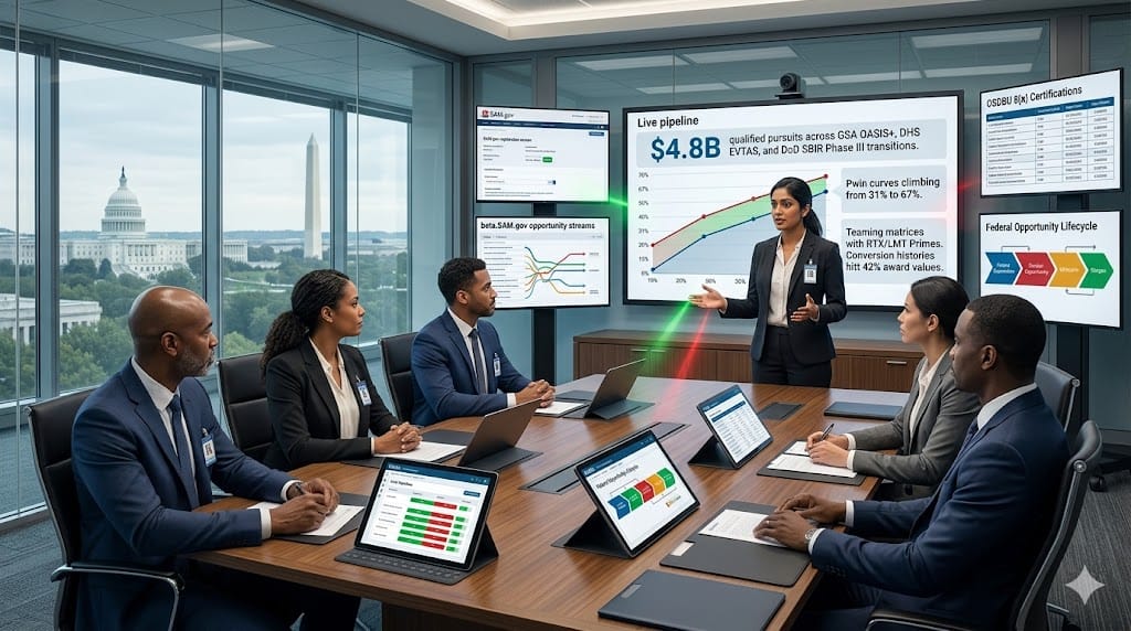 executive search team interviewing Head of Business Development candidates for government contracting, evaluating $2B+ pipeline architects with proven GWAC/IDIQ capture experience during assessments in a secure federal marketplace strategy center.