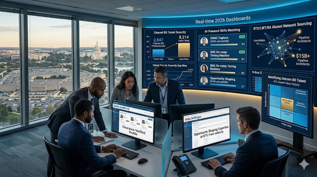 executive recruiters sourcing scarce GovCon BD talent in 2026, showing specialized headhunters evaluating cleared pipeline architects with GWAC/IDIQ mastery through global networks, AI-driven skills matching, and federal marketplace expertise assessments in a high-security talent acquisition war room.