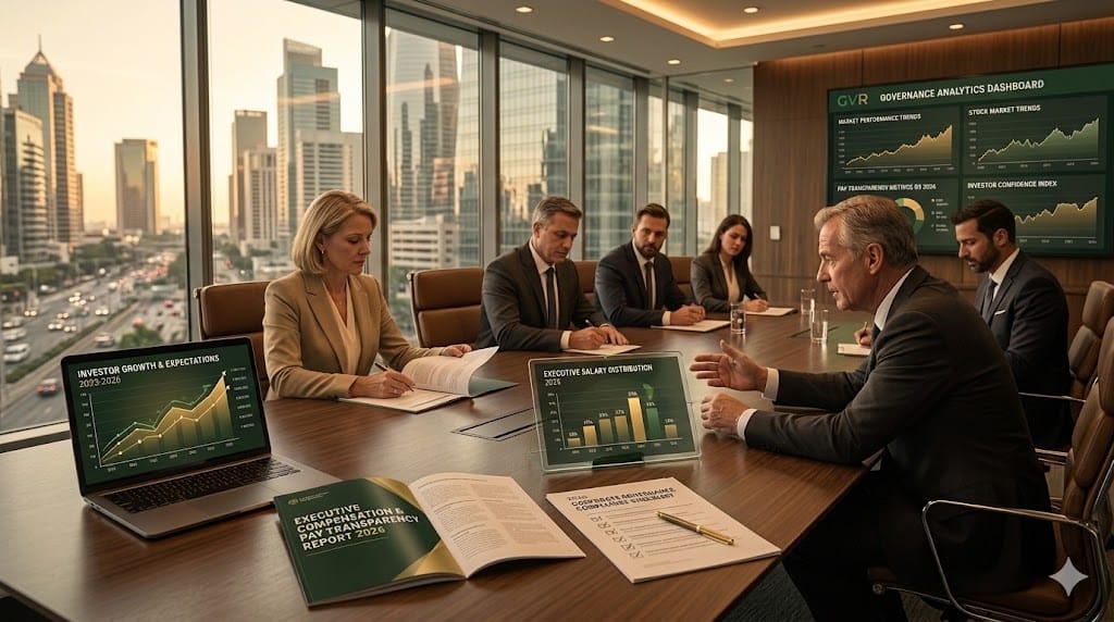 Corporate governance and pay transparency concept with executives, investor charts, compliance documents, and financial dashboard in modern boardroom