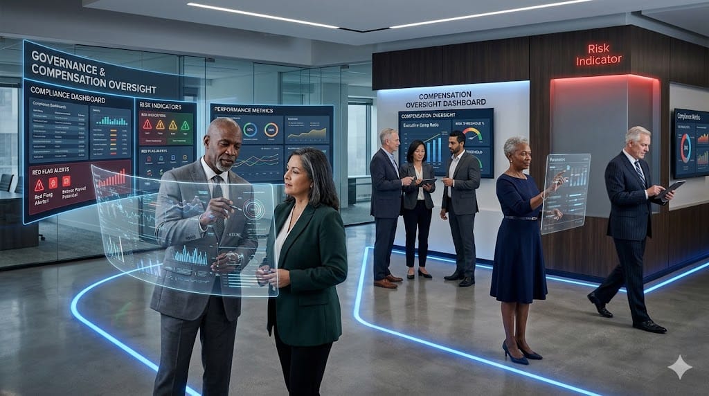Senior leaders implementing governance controls to prevent pay for failure using risk indicators and performance safeguards in a modern corporate setting