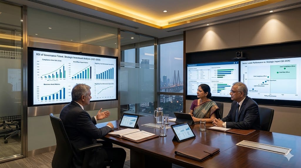 Executives analyzing return on investment from governance talent using financial and performance dashboards.