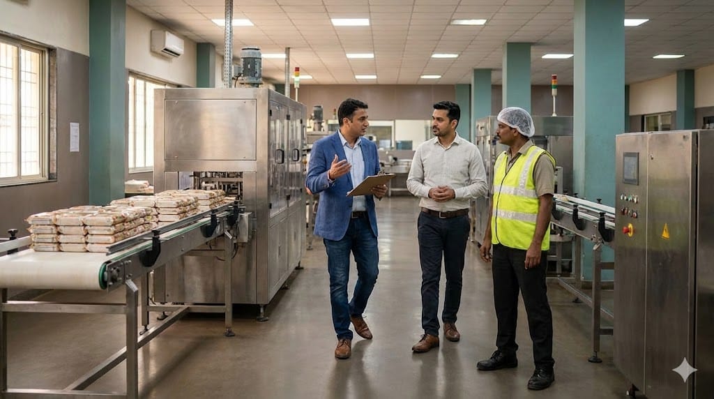 President of a mid-market food company walking through a production facility while reviewing operations with team members, representing hands-on strategic leadership and operational oversight.