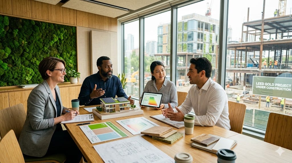 construction sustainability leaders reviewing LEED certification plans and green building models in a modern office with eco-friendly design elements. ​