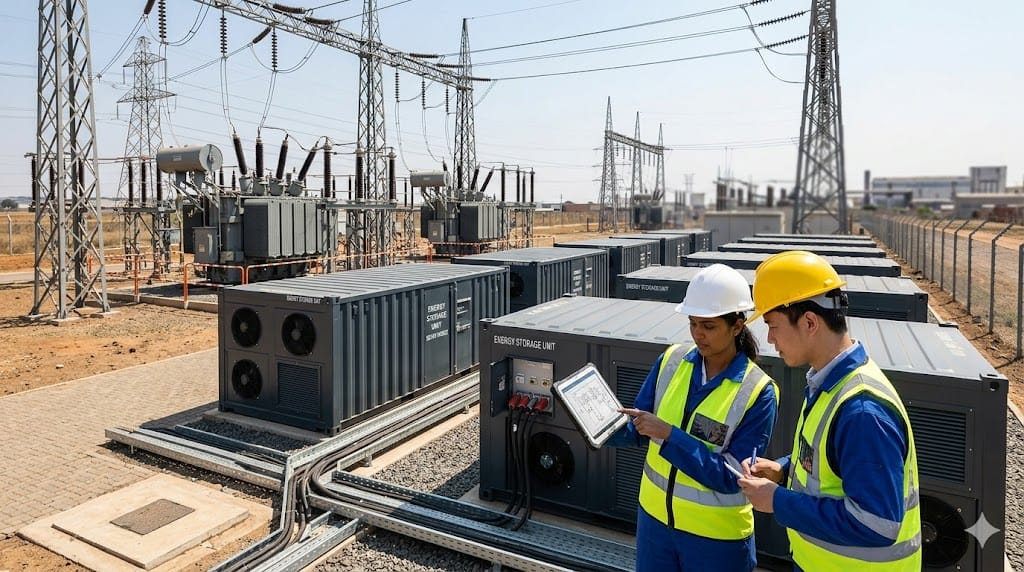 engineers inspecting electrical grid equipment and battery storage system at modern energy facility