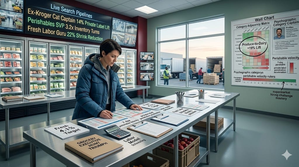 grocery industry headhunter tackling supermarket executive hiring challenges, evaluating perishable supply chain expertise against category management mastery.