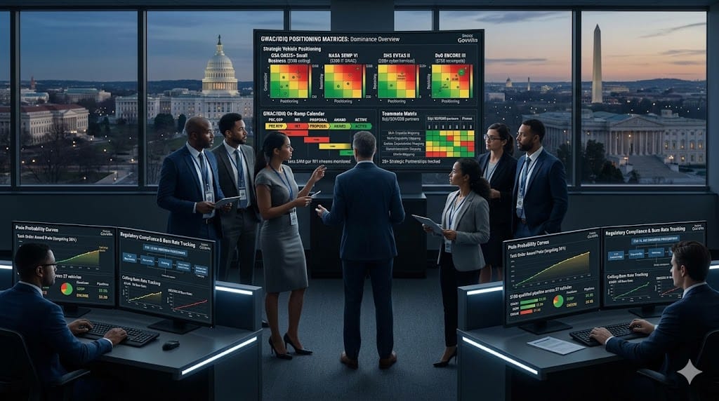 GovCon BD leaders strategically positioning for GWAC/IDIQ vehicles, mapping OASIS+/EVTAS task order pipelines, on-ramp timing matrices, and $12B+ ceiling capture plans across multi-agency contract vehicles in a high-security federal marketplace operations center.