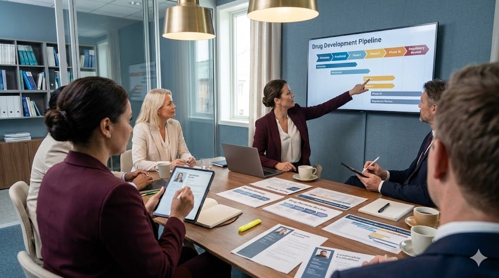 executive search team evaluating candidates for head of drug development while reviewing pharmaceutical pipeline strategy charts