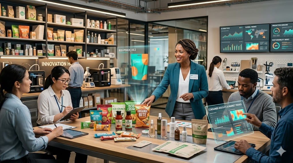 Head of Innovation in CPG reviewing futuristic product prototypes with digital technology interface in modern consumer goods lab