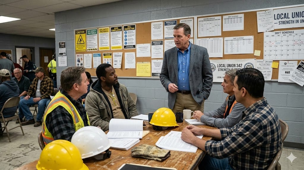 Construction executive meeting union representatives in labor hall with safety posters