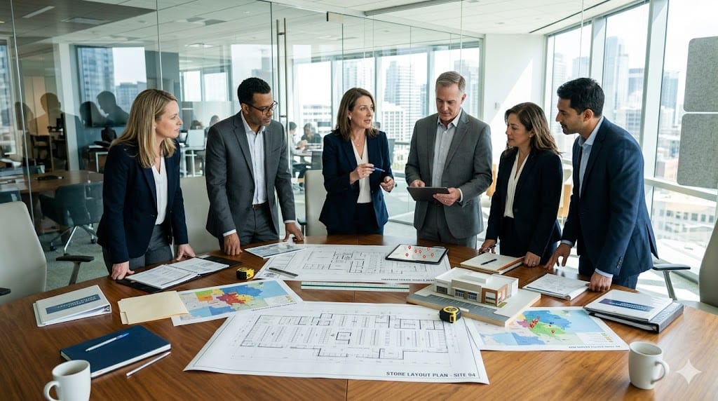 retail executives reviewing store location plans and building layouts for retail chain expansion in modern meeting room