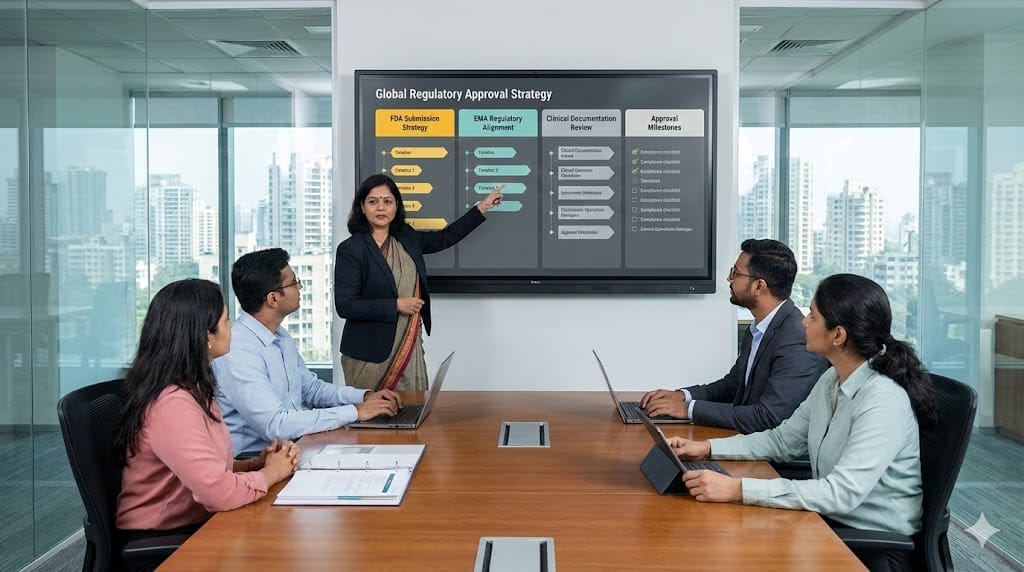 Head of Regulatory Affairs reviewing pharmaceutical compliance documents and regulatory submission timelines with a team.