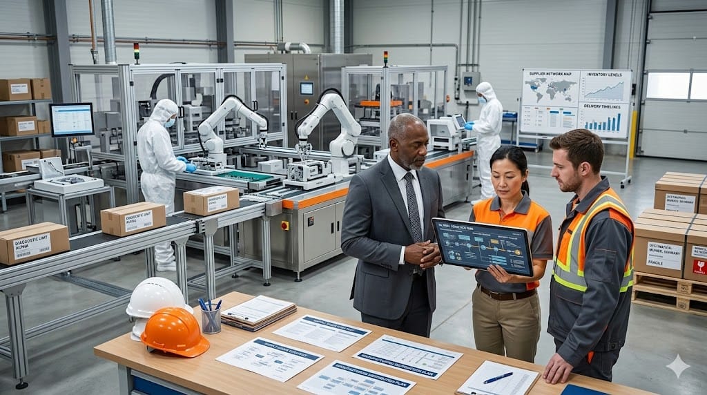 Senior supply chain executive reviewing medical device production and logistics workflow with engineers on a manufacturing floor.