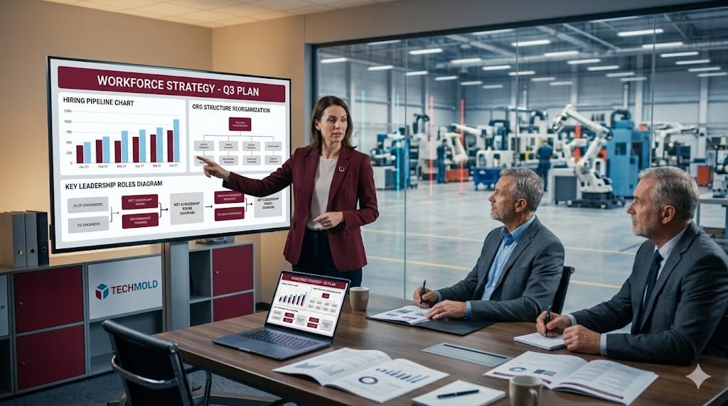 Head of talent discussing workforce strategy with manufacturing leaders in office overlooking factory