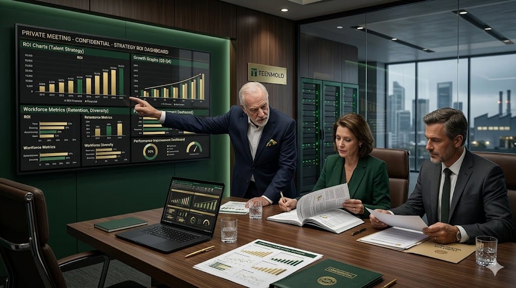 Executives reviewing ROI reports showing impact of talent leadership on manufacturing performance