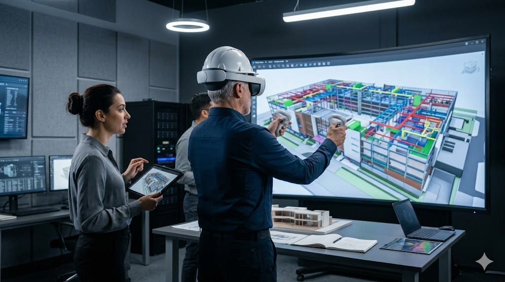 Construction executive using virtual reality headset to review 3D building model