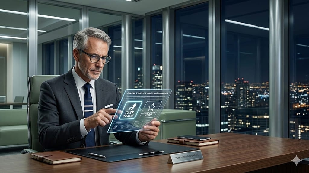 A realistic scene of a regulatory affairs leader analyzing FDA/EMA accelerated pathway strategies with a focus on compliance and speed.