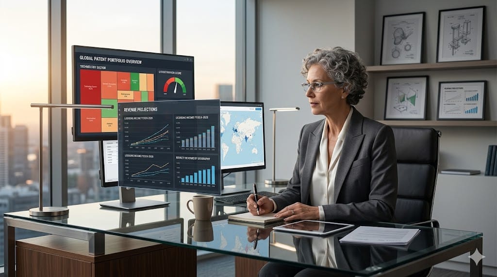 Senior intellectual property leader analyzing patent portfolios, risk metrics, and revenue streams in a high-end corporate environment.