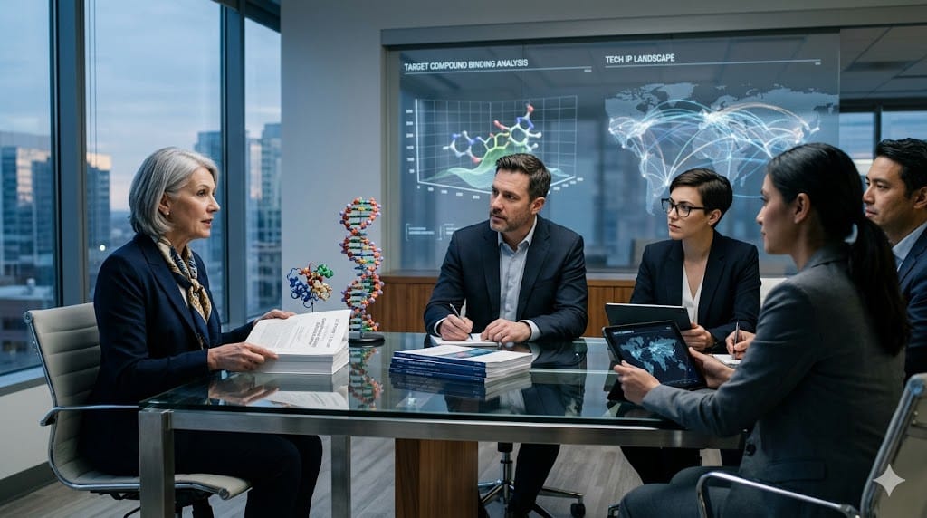 Executives interviewing an intellectual property expert with technology and pharmaceutical elements, representing recruitment for a Head of IP role.