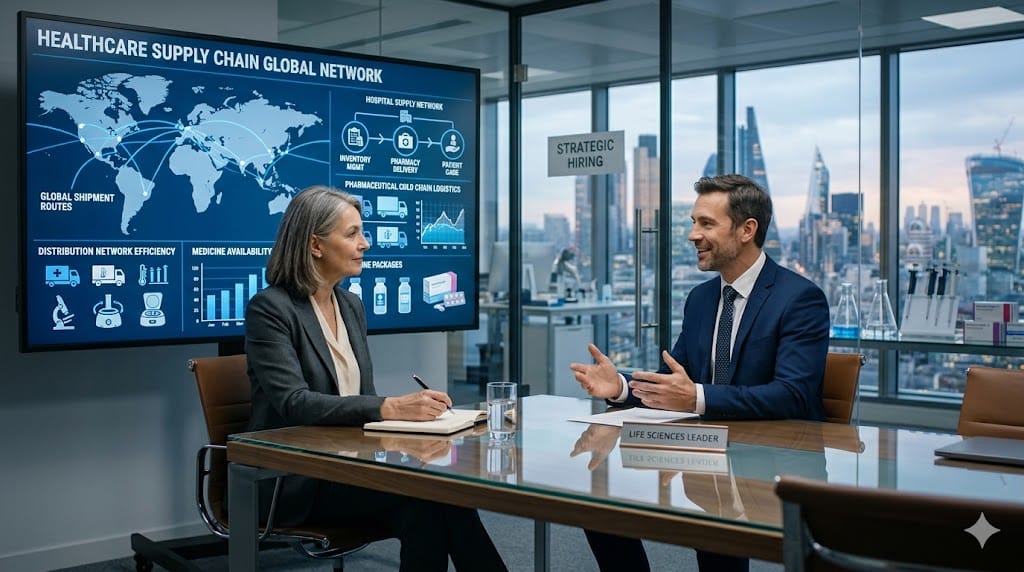 Executive recruitment meeting for healthcare supply chain leadership with medical logistics visuals, pharmaceutical distribution charts, and hospital supply network data on digital screens