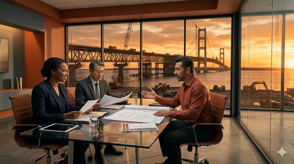 executives interviewing a VP of Operations candidate for heavy civil construction amid a modern office with construction site view.