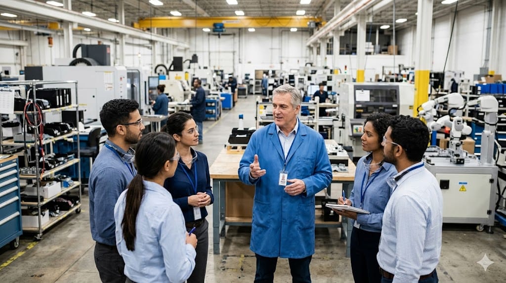 hardware engineering leader guiding team during production discussion on factory floor