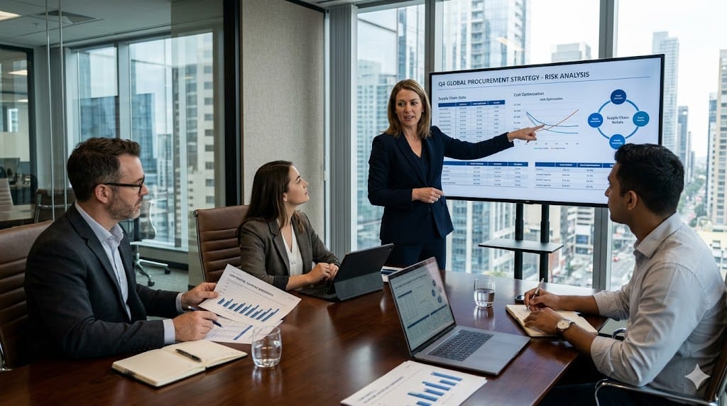 Procurement leader exhibiting leadership and collaboration skills in a premium corporate setting