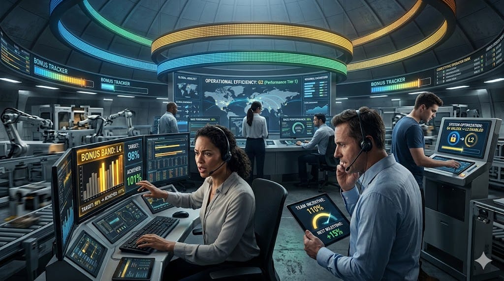 A team of professionals operating in a high-intensity performance environment where rewards scale with output, illustrating aggressive base salaries and performance bonuses