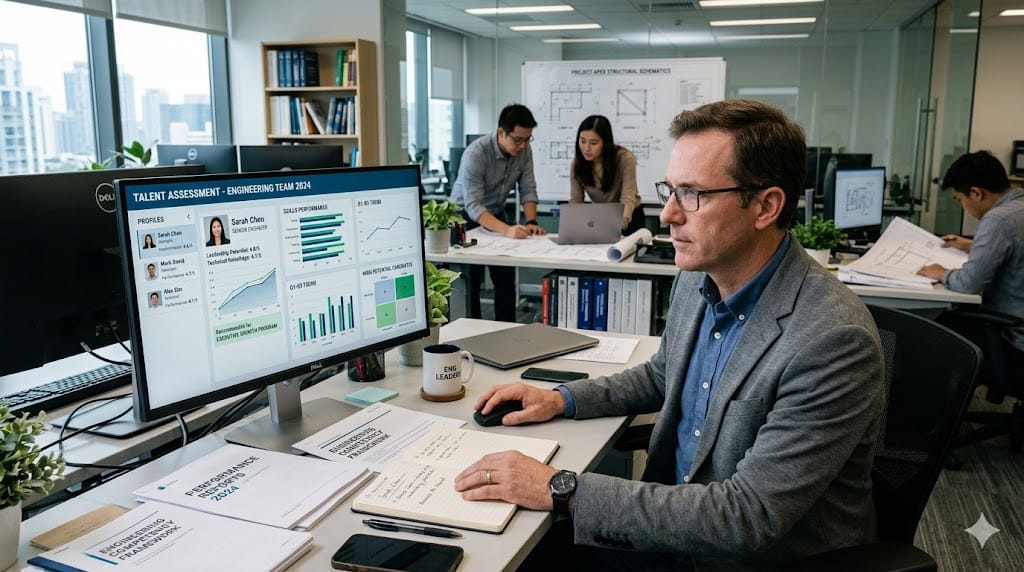 Manager evaluating engineering team performance to identify future leaders