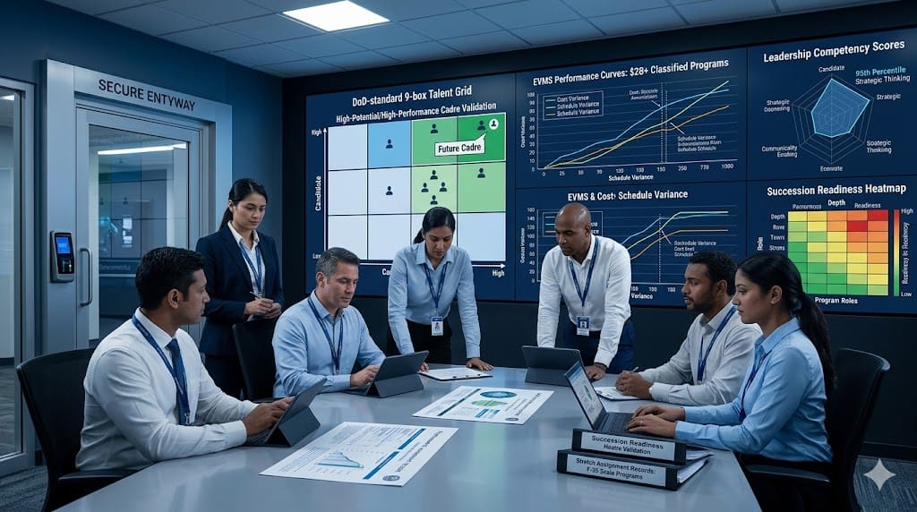 Realistic landscape photo of defense contractors identifying high-potential program managers, featuring talent assessment teams evaluating cleared leaders through 9-box grids, leadership competency matrices, and $500M+ program performance metrics on secure analytics dashboards.