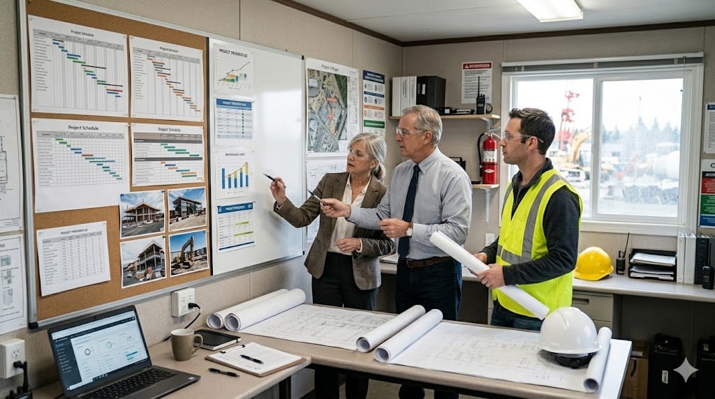 Construction leaders reviewing project manager performance chart in site office