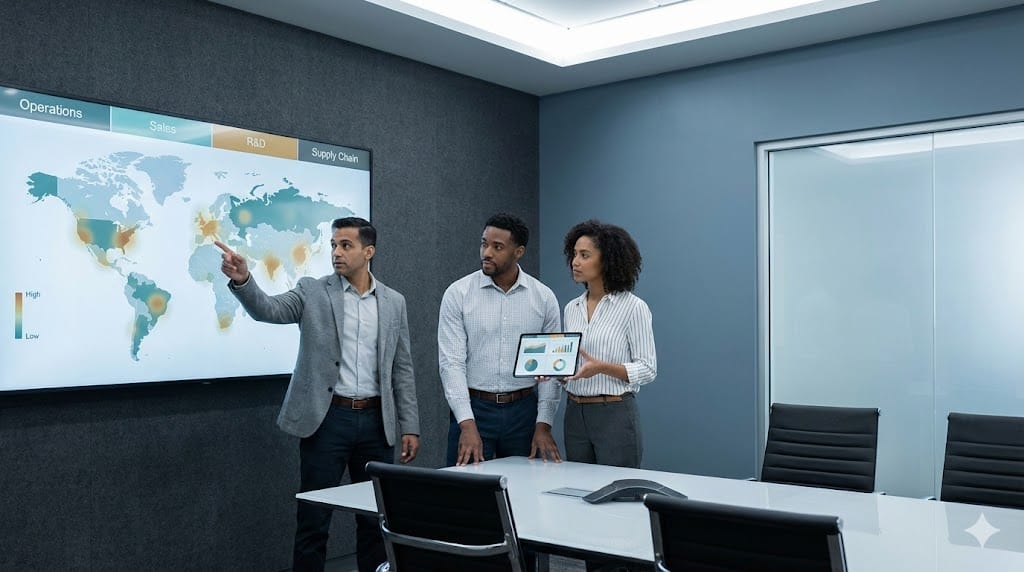 Executive team analyzing regional talent markets by function using a large illuminated digital map in a modern strategy room.