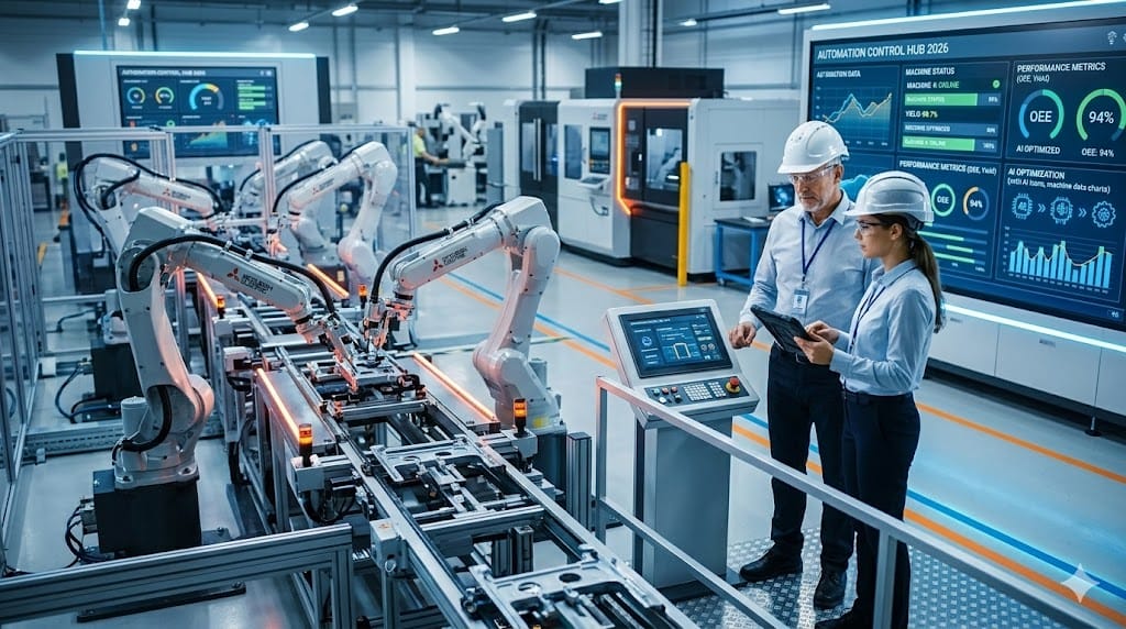 Manufacturing executive supervising highly automated robotic production line in advanced smart factory